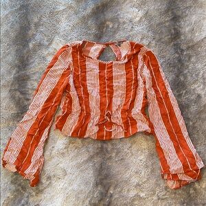 Striped Orange Trumpet Sleeve Blouse 🧡
